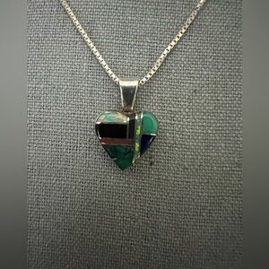 SOLD***Vintage Navajo Yvonne Bebo Multi Stone Inlay Heart Sterling Necklace